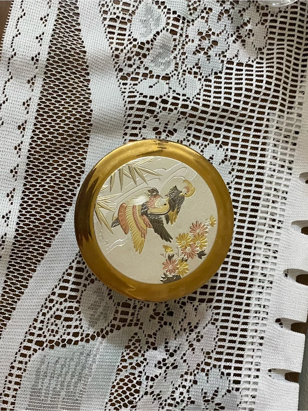 Source Unknown Gold Decorative Round Trinket Box with Bird Motif